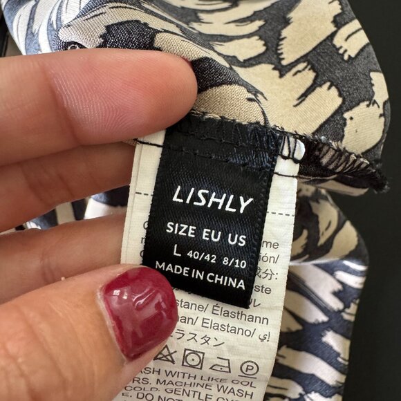 Lishly L Off Shoulder Abstract Print Blouse – Beige Black Balloon Sleeve Top - Picture 4 of 6